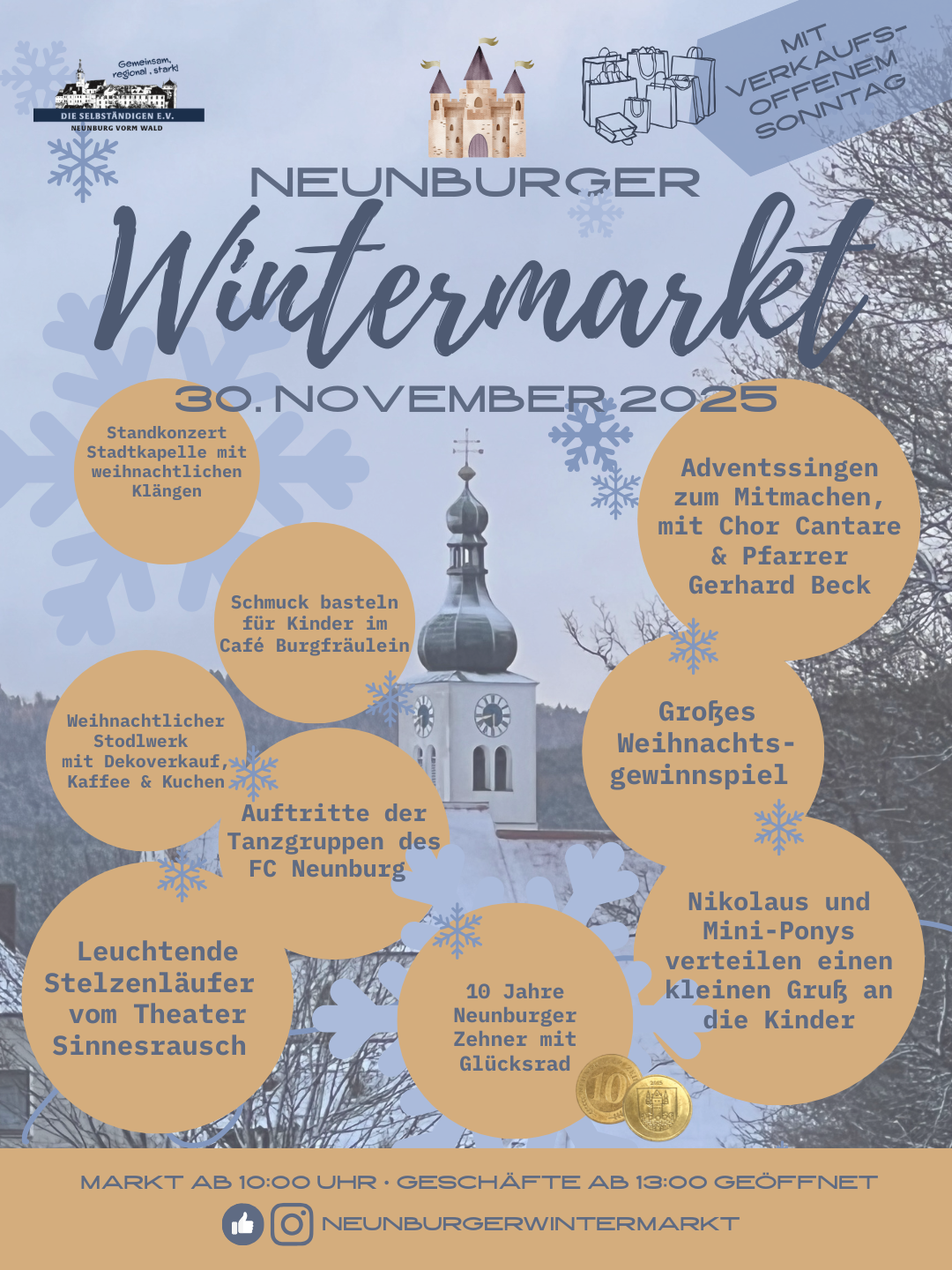 Ein Plakat für den Neunburger Wintermarkt am 30. November 2025 mit Aktivitäten wie einem Standkonzert, Adventssingen, Schmuck basteln, Weihnachtsmarkt, Tanzauftritten, Lichterläufer, Nikolausbeschenkung und Gewinnspiel, mit einem Hintergrundbild einer Kirche und Schnee- und Winterdeko.