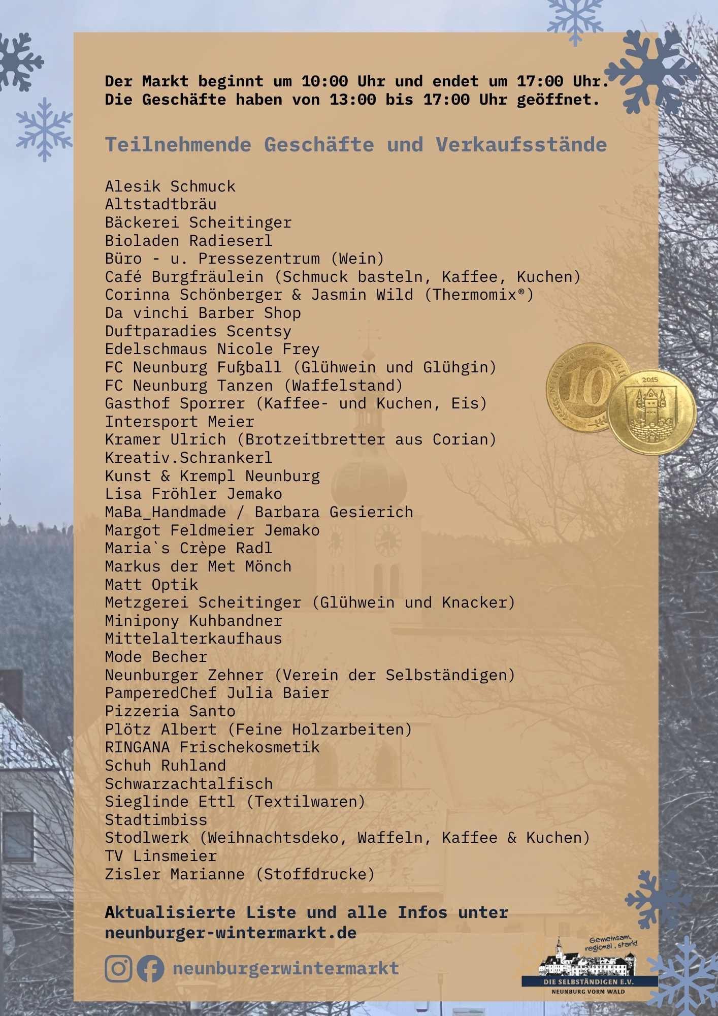 Informationstext zu einem Wintermarkt in Neunburg, mit Marktzeiten, teilnehmenden Geschäften und Verkaufsständen. Hintergrund mit Schneeflocken und Winterdesign.