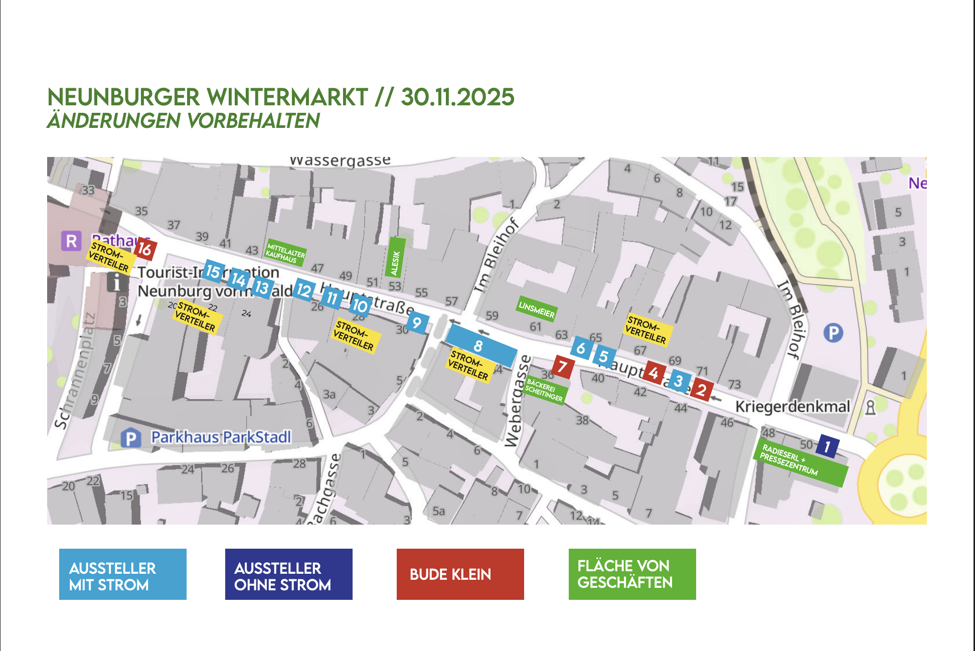 Übersichtskarte des Neunburger Wintermarktes vom 30.11.2025 mit Markierungen für Stromverteiler, Aussteller mit Strom, Aussteller ohne Strom, Bude Klein, Fläche von Geschäften sowie Parkplätze, P+R und Pressezentrum.