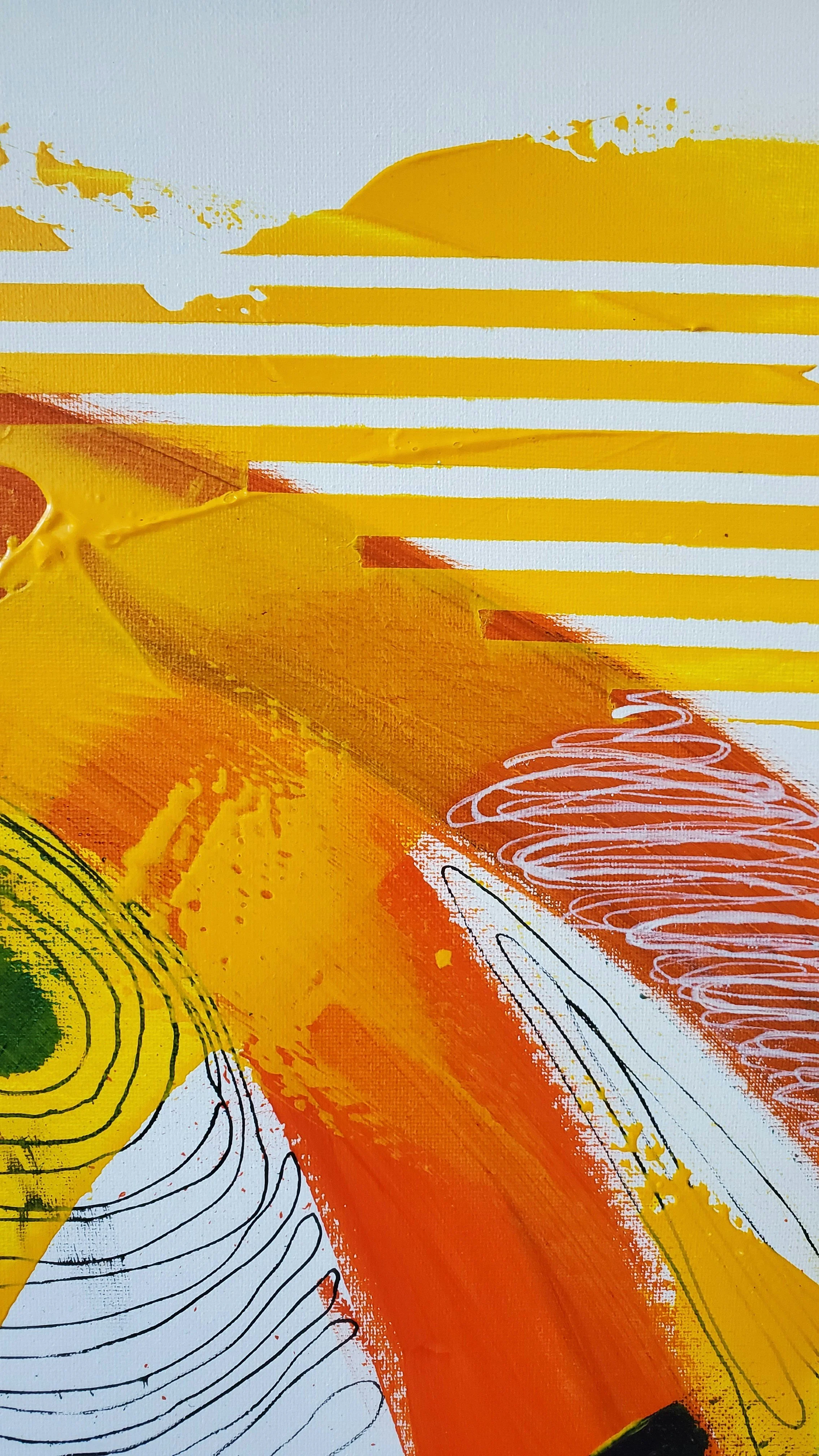 Close-up of an abstract painting with yellow, orange, red, black, and white colors, featuring striped and swirling line patterns.