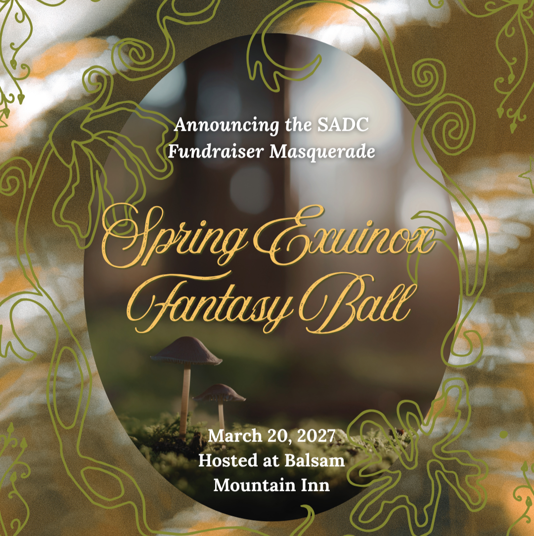 Event poster for Spring Equinox Fantasy Ball announcing the SADC Fundraiser Masquerade scheduled for March 20, 2027, hosted at Balsam Mountain Inn, featuring an outdoor scene with mushrooms and green vine-like border design.