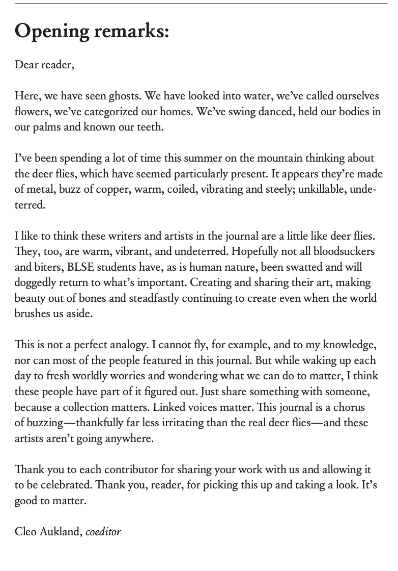 Opening remarks from the BLSE 2026 Journal which Cleo Aukland edited.