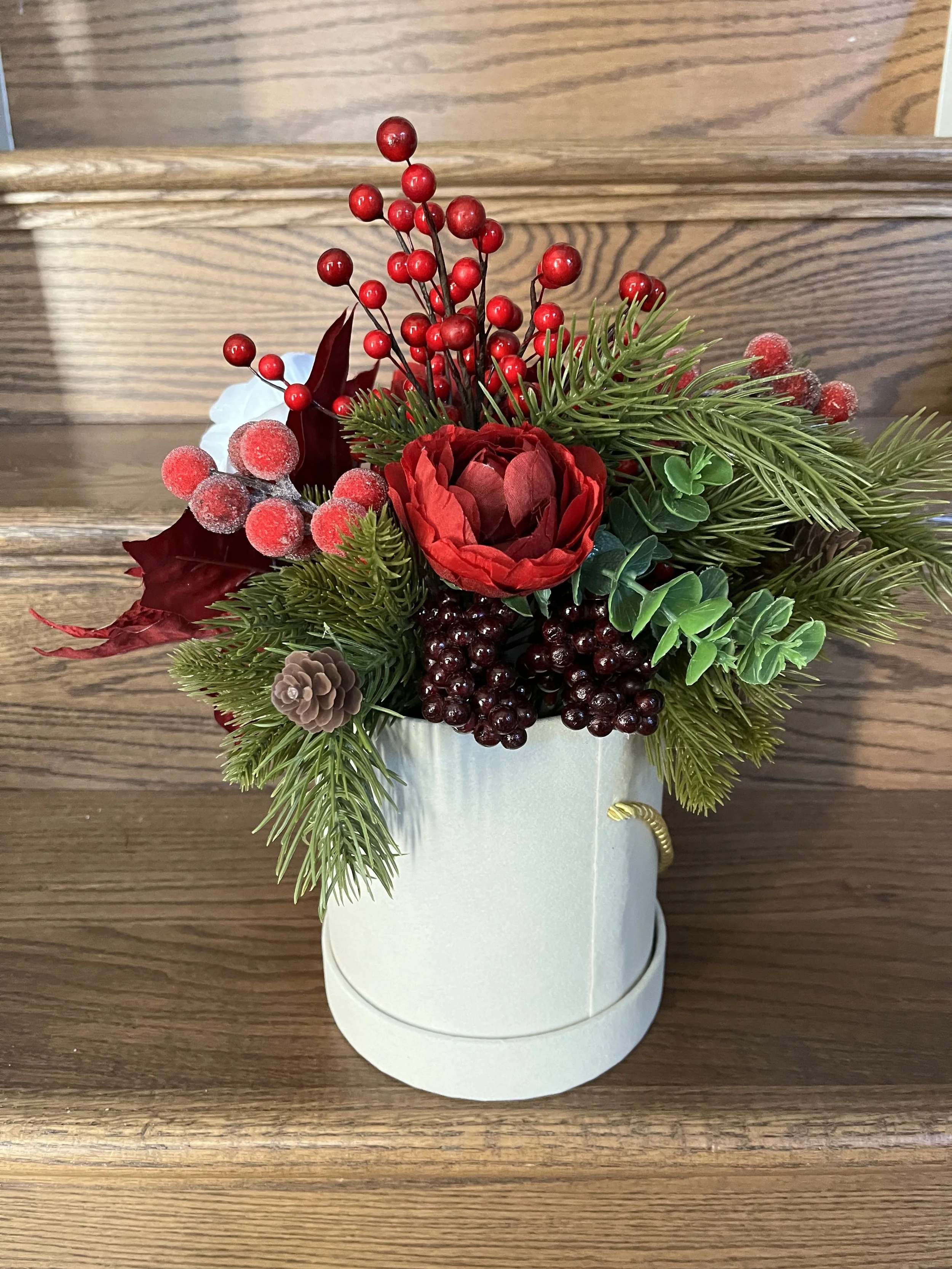 Christmas Hat Box Faux Floral Arrangement Medium