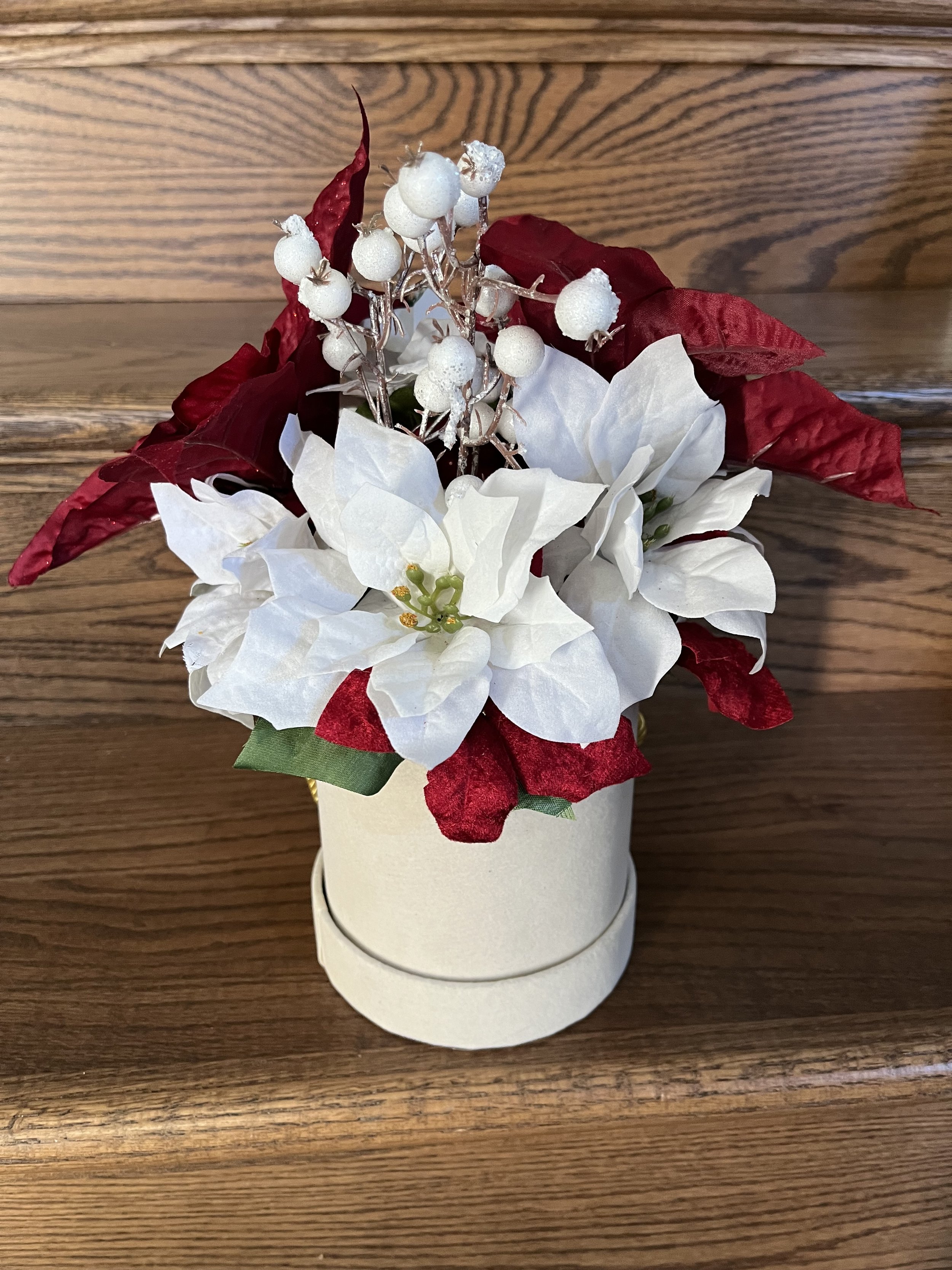 Christmas Hat Box Faux Floral Arrangement Small
