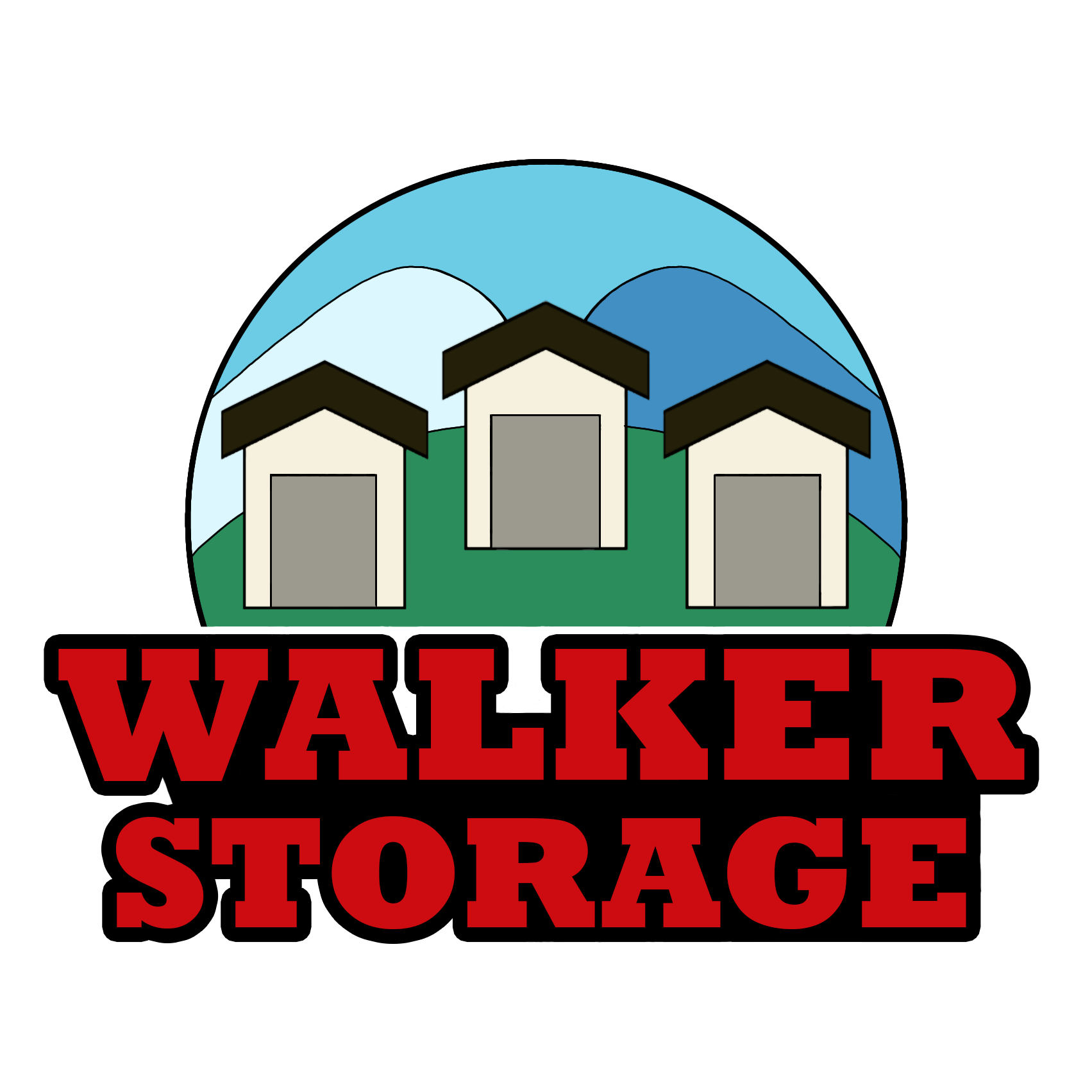 Walker Storage logo, a half circle with three units and a sky background, and the words walker storage in bold red lettering underneath
