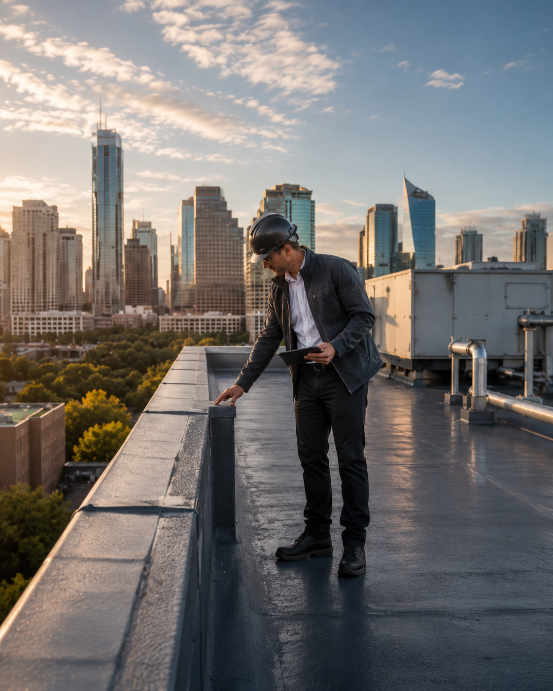 A man wearing a hard hat and black jacket inspecting a rooftop in a city skyline at sunset.