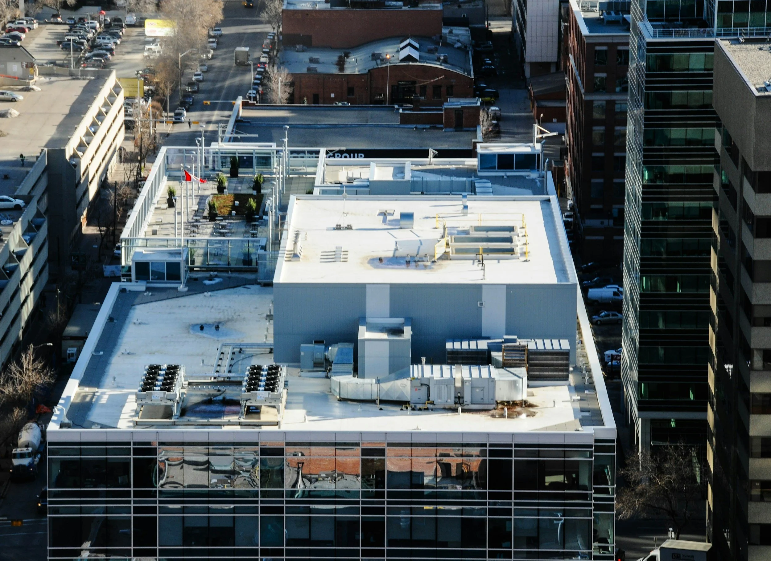 Drone aerial inspection of a commercial roof and building envelope