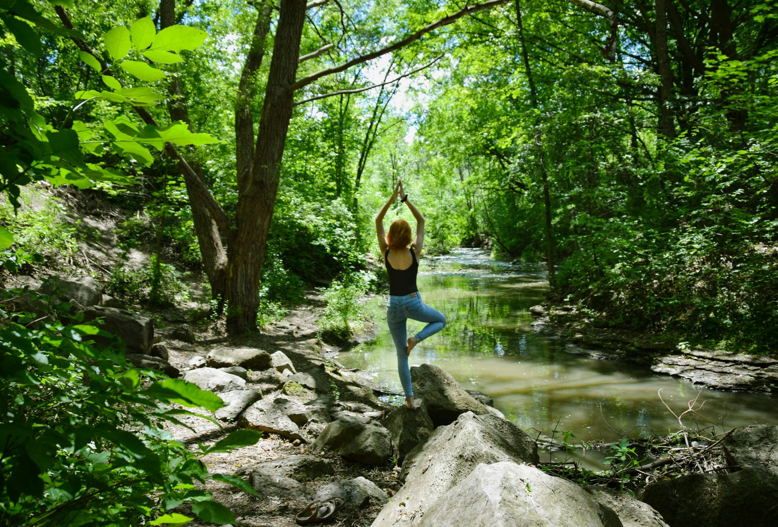 A person practicing yoga near a stream in a dense green forest with trees and rocks.