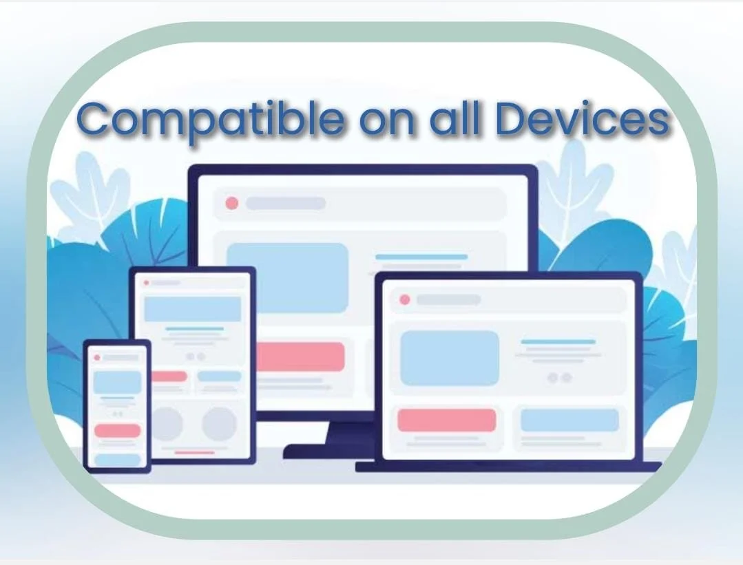 Illustration showing multiple electronic devices, including a phone, tablet, laptop, and desktop monitor, displaying compatible digital interfaces with the text 'Compatible on all Devices' at the top.