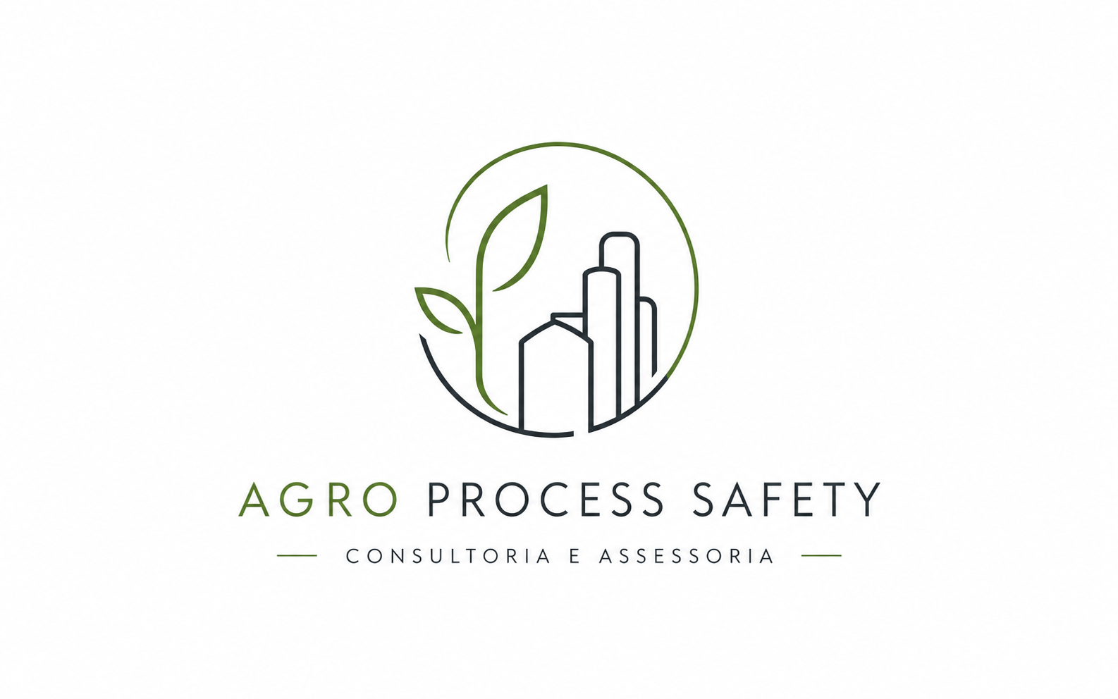 Logo de uma agência de consultoria chamada Agro Process Safety, com elementos gráficos de uma folha e prédios, usando cores verdes e pretas.
