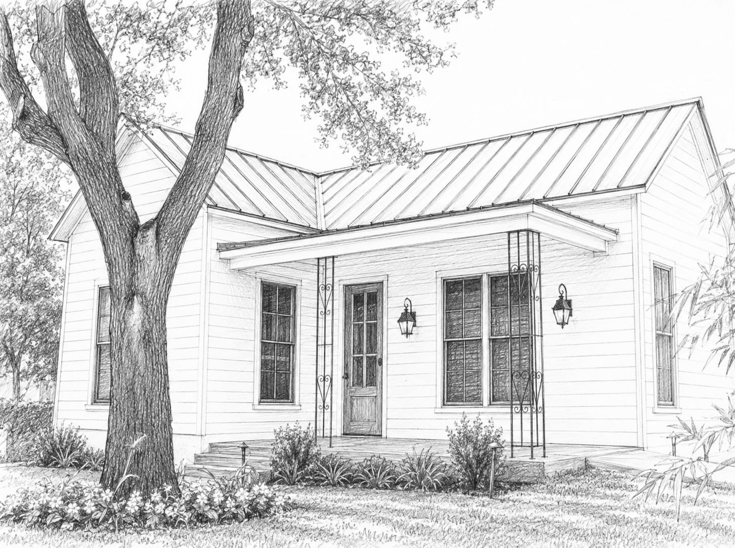 Sketch of a house with a metal roof, a porch with decorative metal supports, multiple windows, a wooden door, two lantern-style lights, and a large tree in the front yard surrounded by bushes and flowers.