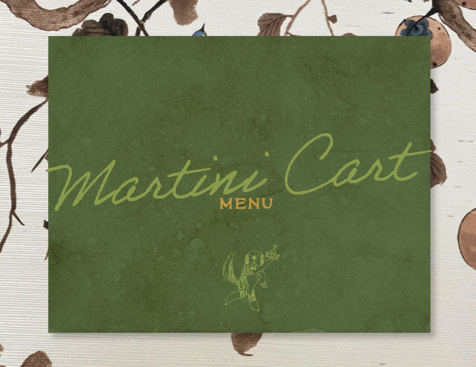 A green menu overlay for Martinu Cart, with a small dog illustration holding a drink, set against a background with scattered nuts and a bird.