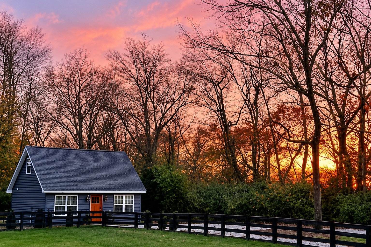 A small blue house with a dark gray roof and an orange door, surrounded by a black fence, set against a backdrop of leafless trees and a colorful sunset sky with pink and orange hues.