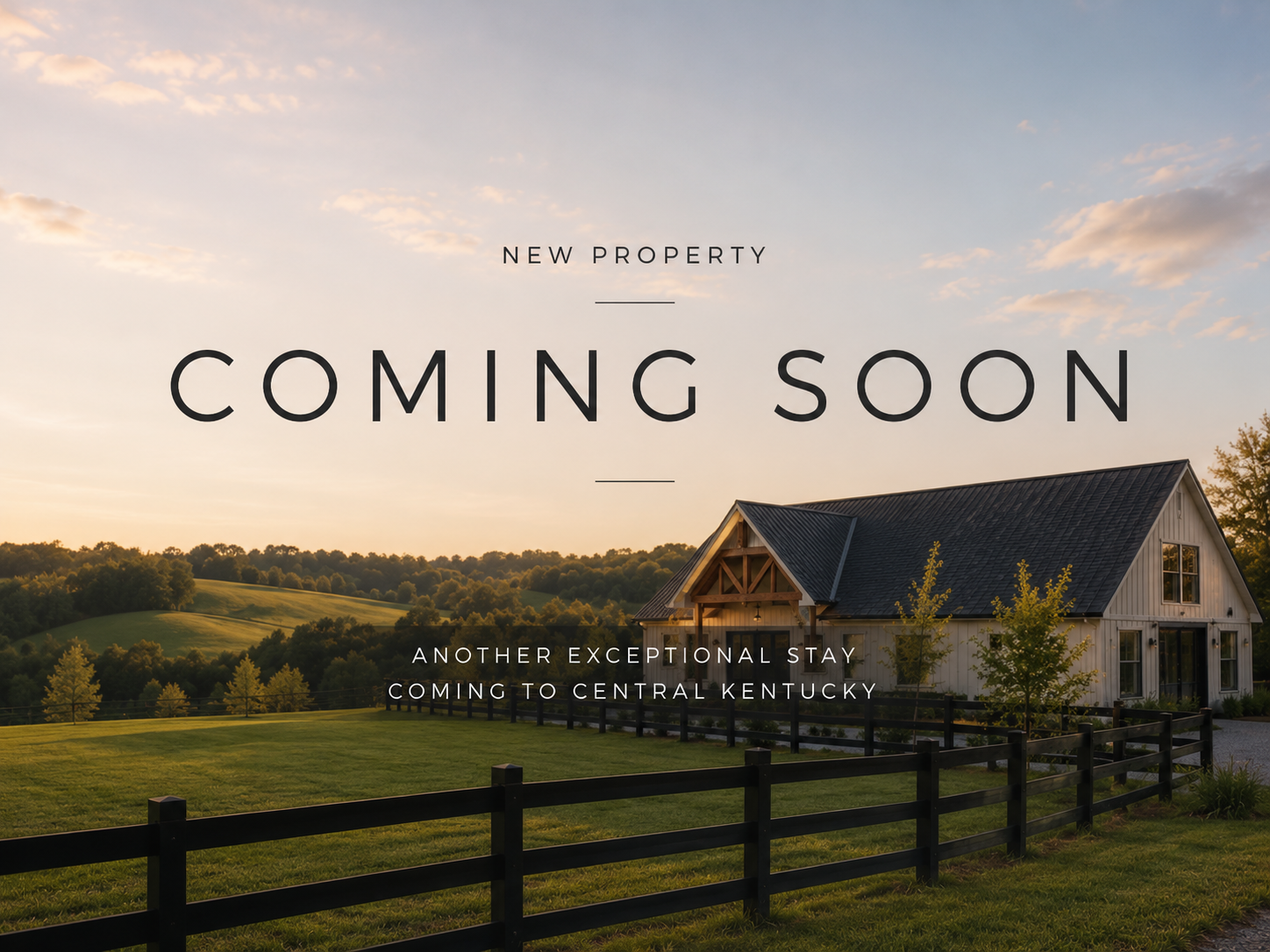 A house under construction in a rural landscape with green hills in the background, with text overlay announcing a new property coming soon in central Kentucky.