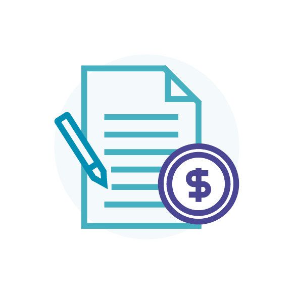 Icon representing financial planning with a pen, a coin with dollar sign, and a circular chart.