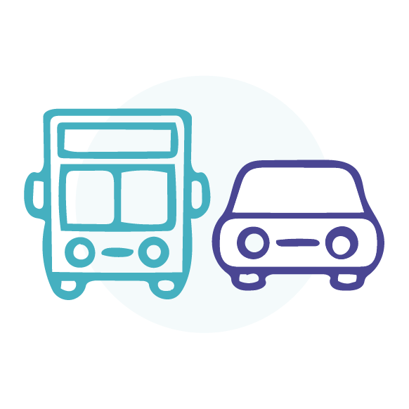 A digital illustration of a delivery truck and a front view of a car with a blue circle background.