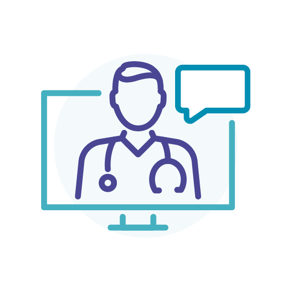 Icon of a doctor with a stethoscope and a speech bubble against a blue circular background.