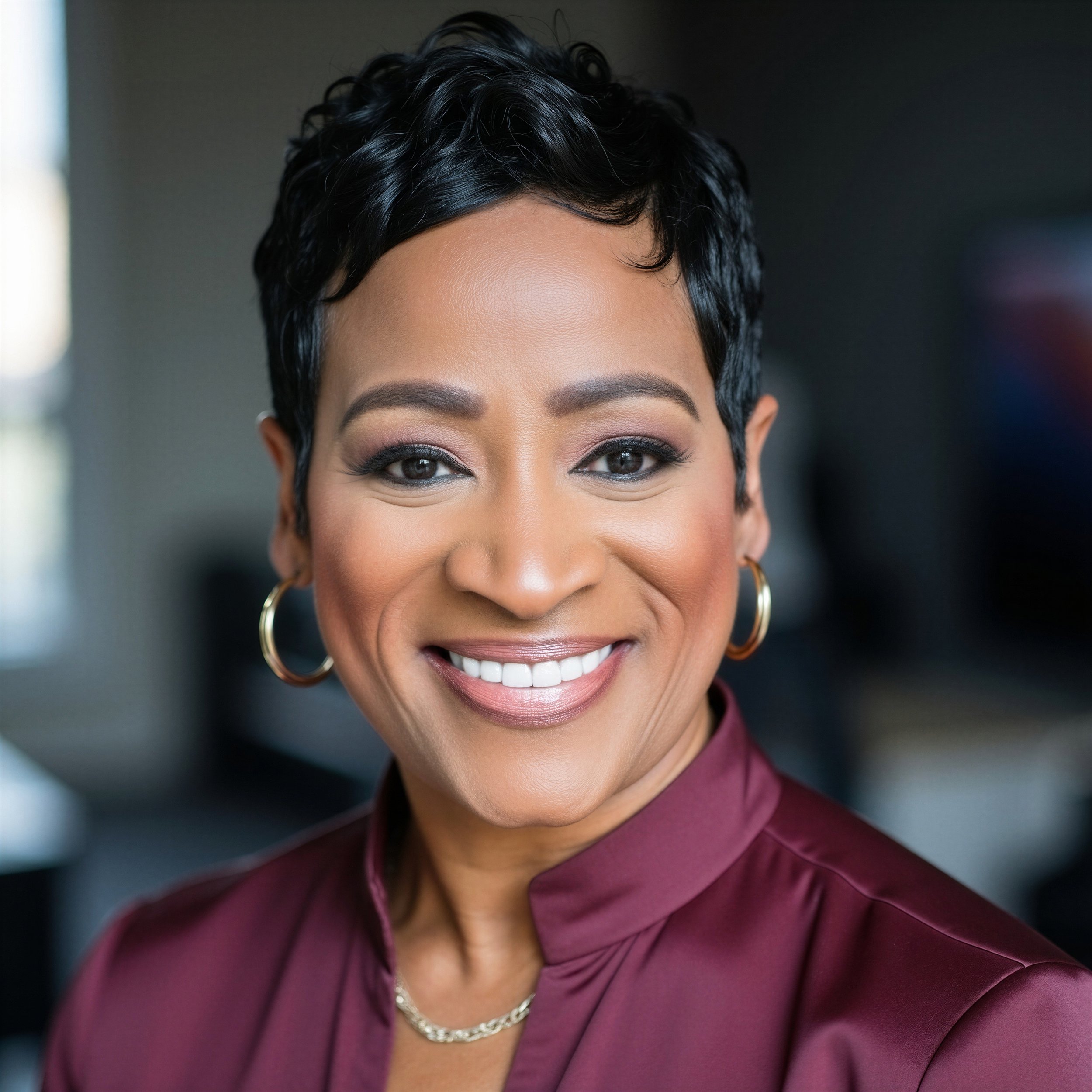A woman with short black curly hair, tan skin, wearing hoop earrings, a silver necklace, and a burgundy collared shirt, smiling with visible teeth.