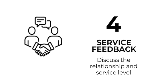 Icon of two people shaking hands with speech bubbles above, and text that reads '4 Service Feedback' and 'Discuss the relationship and service level'.