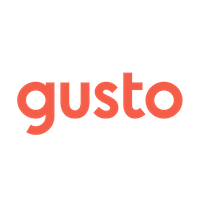 The word 'gusto' written in bold red lowercase letters, with a black chef's hat illustration behind it.
