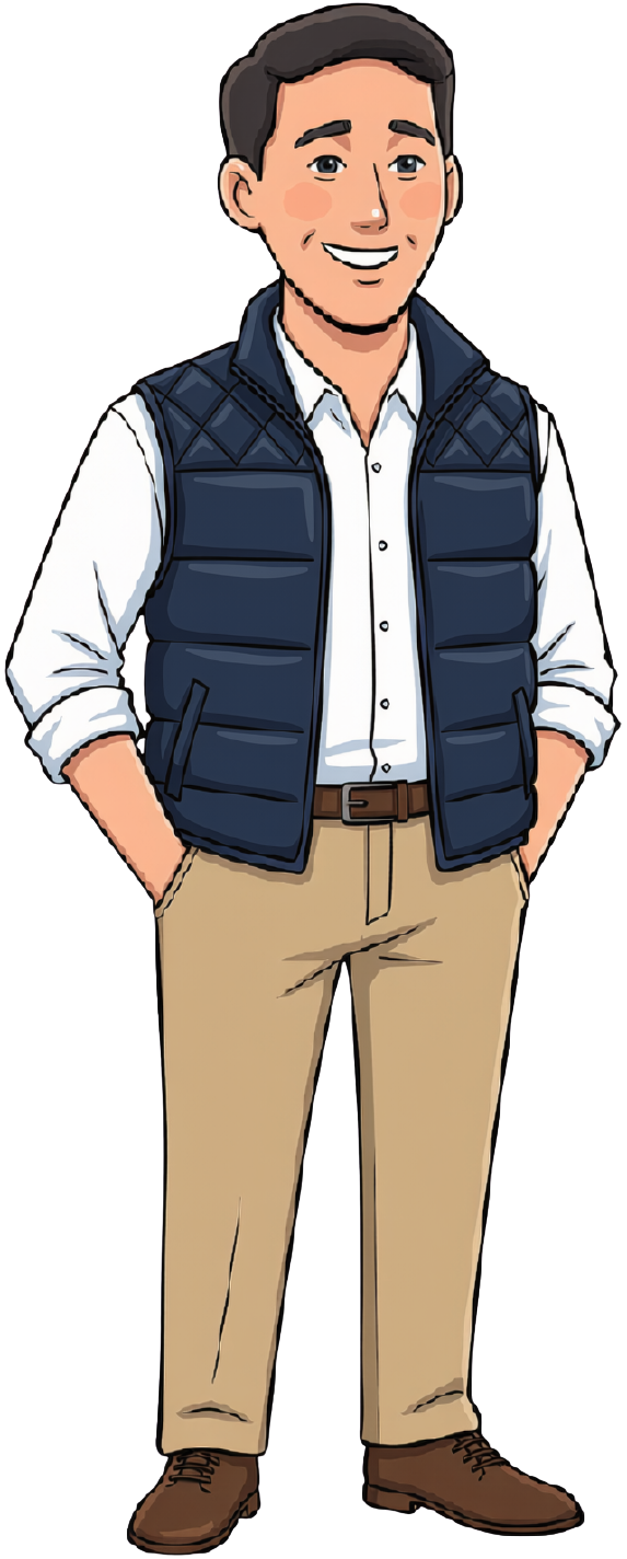 A cartoon man with short dark hair, wearing a white button-up shirt, navy blue puffy vest, khaki pants, and brown shoes, smiling with hands in pockets.