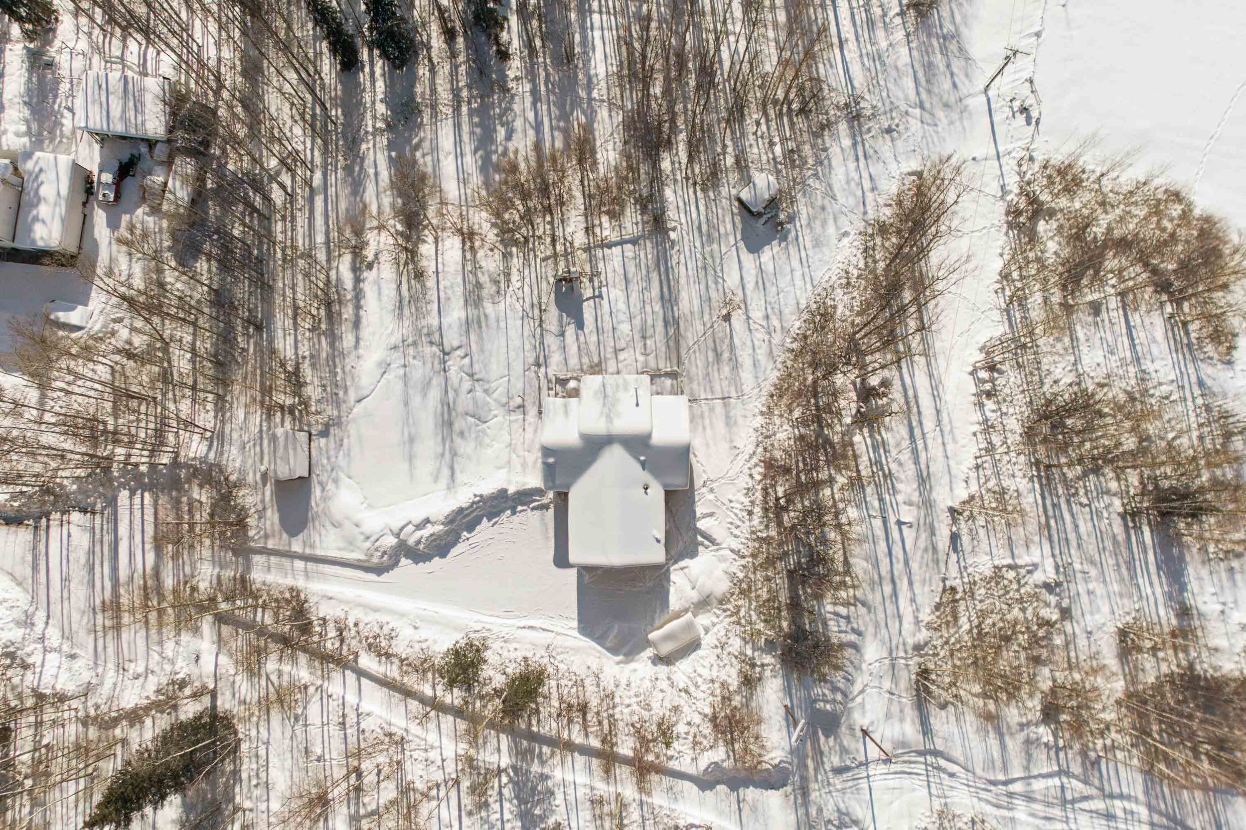 An aerial view of a snow-covered landscape with trees and buildings, casting long shadows across the snow.