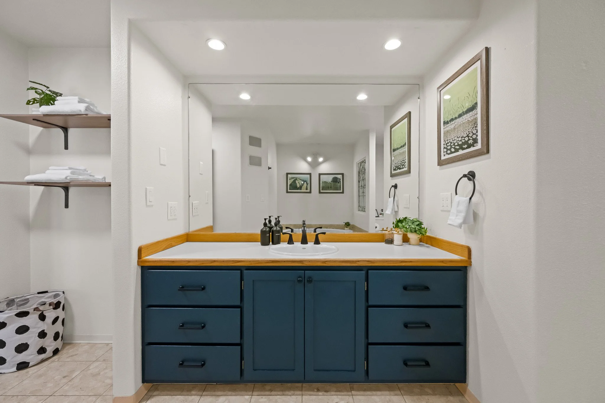 Bathroom vanity with blue cabinets, wooden countertop, white sink, black faucet, and decorative plants on the countertop. Framed artwork on the walls, towels on hooks, and ceiling lights. A mirror reflects the room.