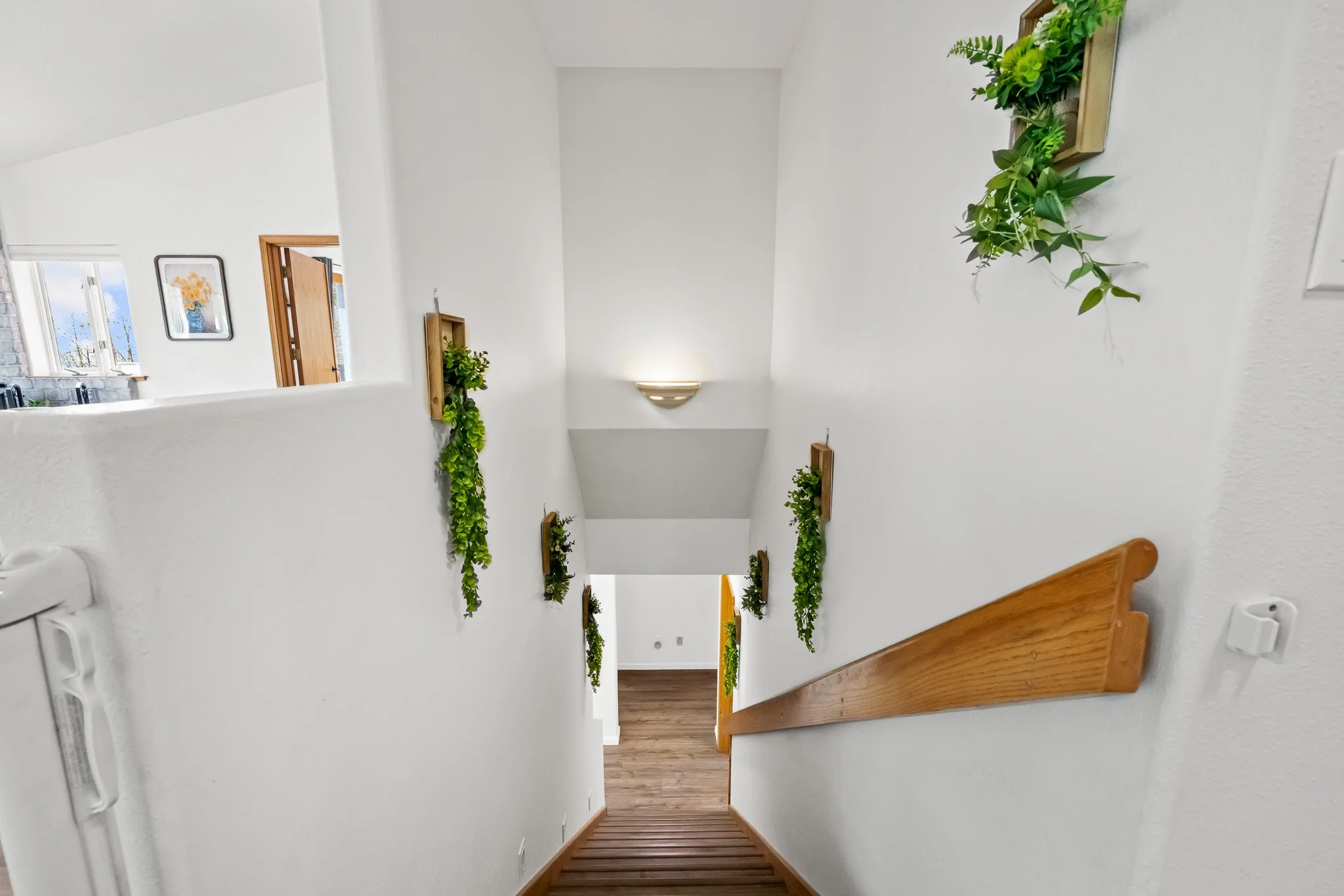 Interior view of a stairwell with white walls, decorated with hanging green plants and framed pictures, leading down to a hallway with wooden flooring.