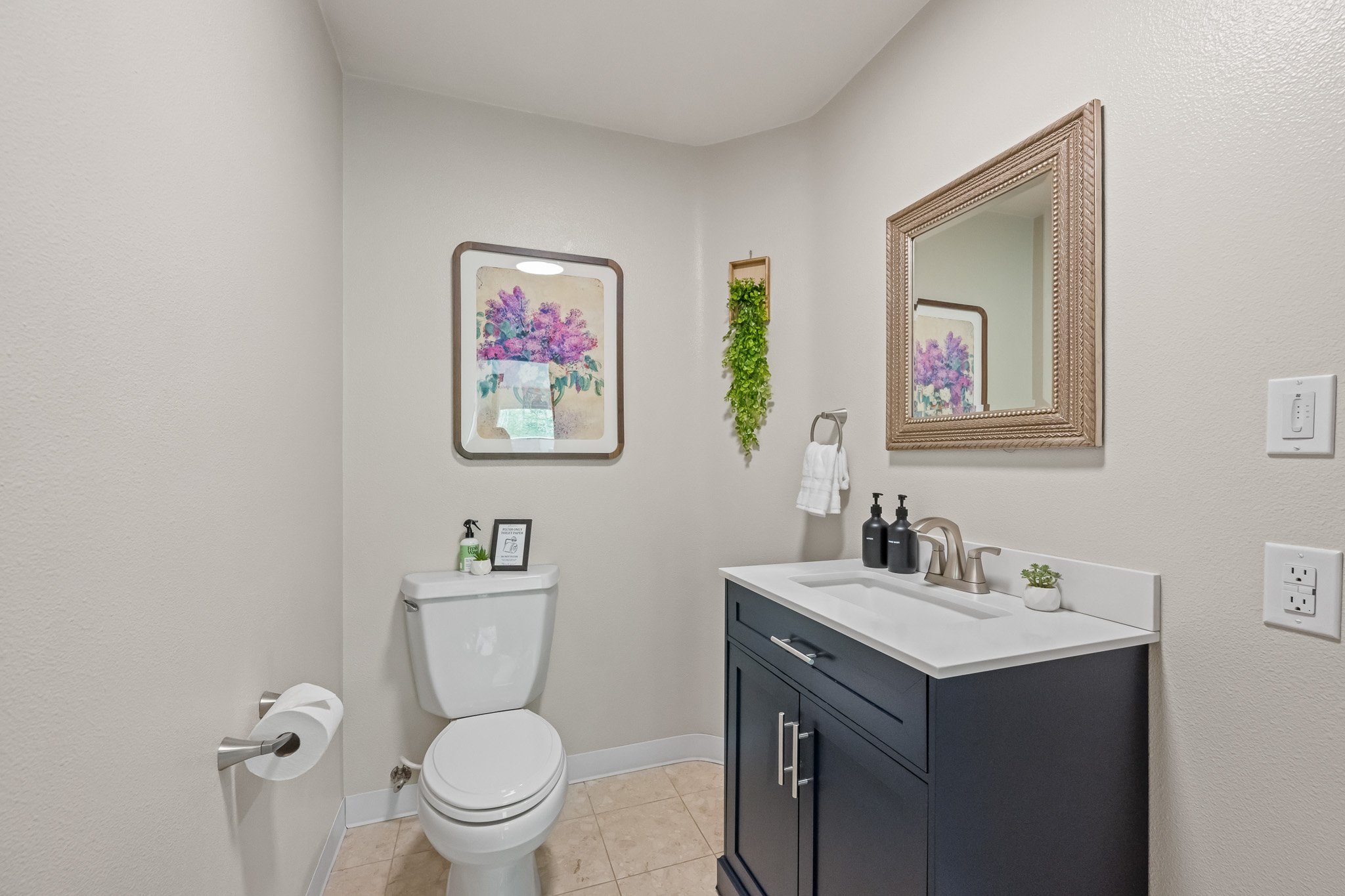 A modern bathroom featuring a toilet, a blue vanity with a white sink, a large framed mirror, and décor including framed art, green plants, and toiletry bottles.