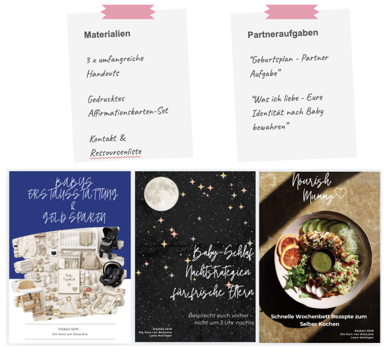 A collection of four pages from a German-language guide or booklet. The pages include lists of materials and partner tasks, a baby care guide with images of baby products, a moon and stars themed sleep strategy for new parents, and a nourishing meal recipe for new mothers.