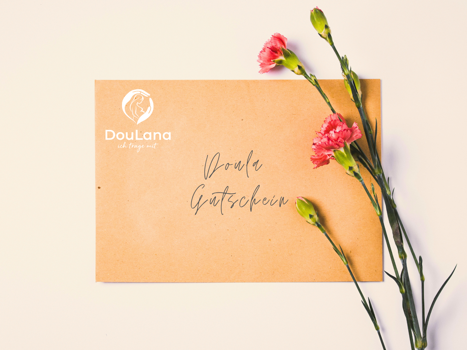 A gift card with pink carnations and a branch of flowers, featuring the DouLana logo and German text.