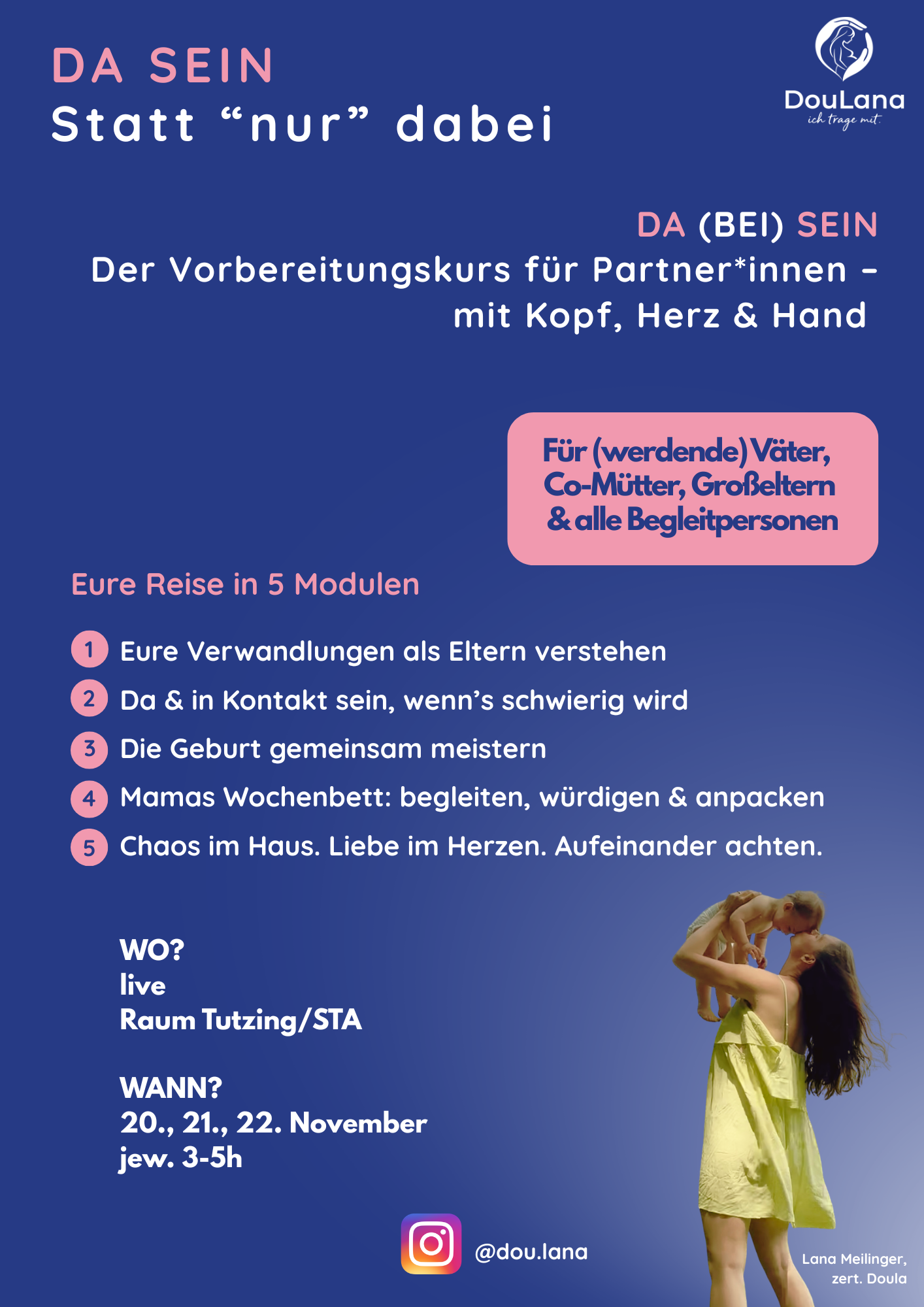 An informational poster in German about a course for partners, featuring a woman in a yellow dress and a couple kissing, with text about the course's purpose, location, dates, and organizer, DouLana.