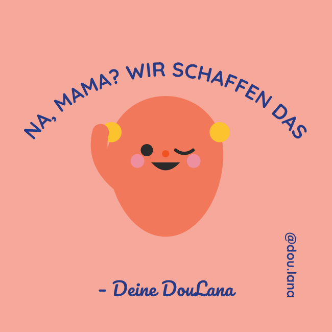 Cute cartoon person with a pink face, winking, wearing yellow hairbands on both sides, set against a pink background, with German text about tackling things together in a supportive manner.