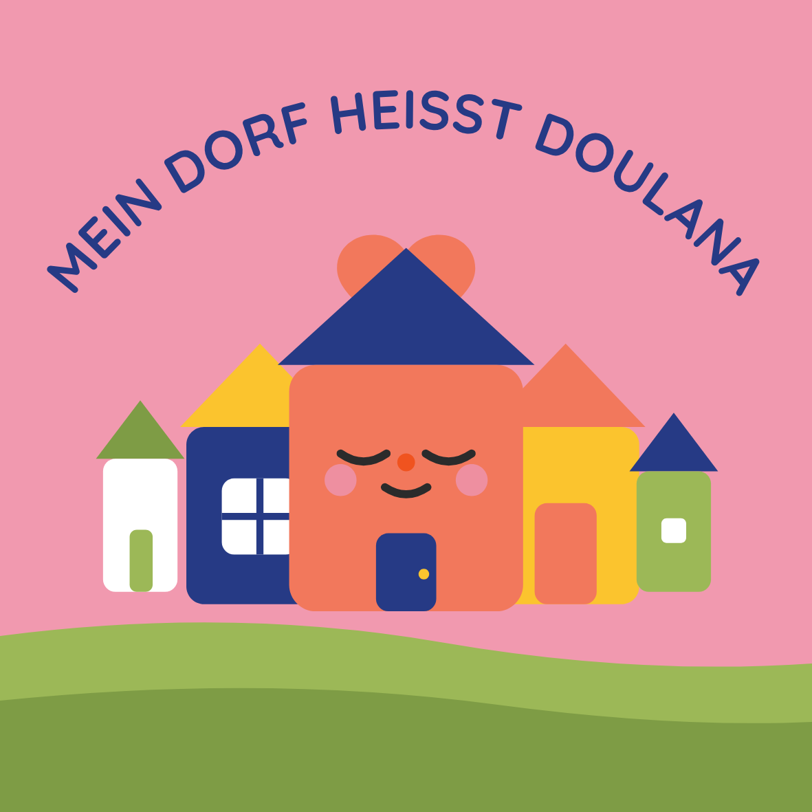 Eine Illustration von bunten Häusern mit einem lachenden Gesicht, umgeben von Hügeln und einem pinken Himmel, mit dem deutschen Text 'Mein Dorf heißt Doulana'.