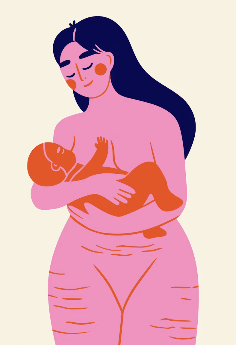 An illustration of a mother with long dark hair breastfeeding her baby, with a pinkish skin tone and closed eyes, against a beige background.