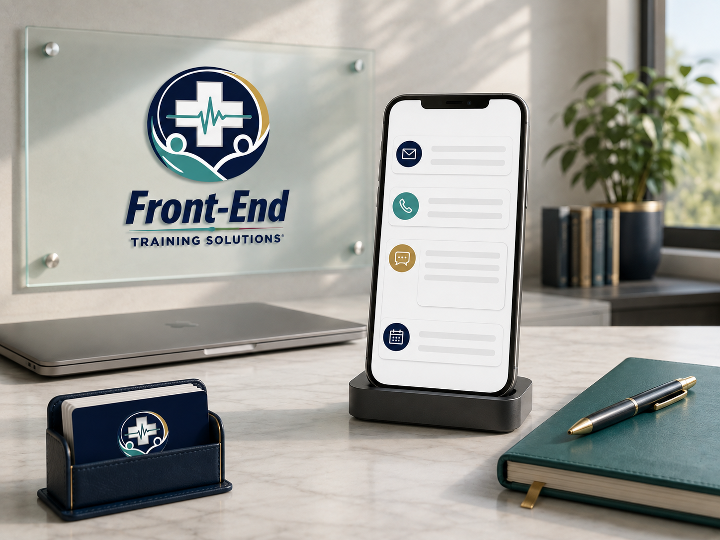 Office desk with a phone, notebook, pen, and a sign that reads 'Front-End Training Solutions' with a logo, and a business card holder with matching logo.