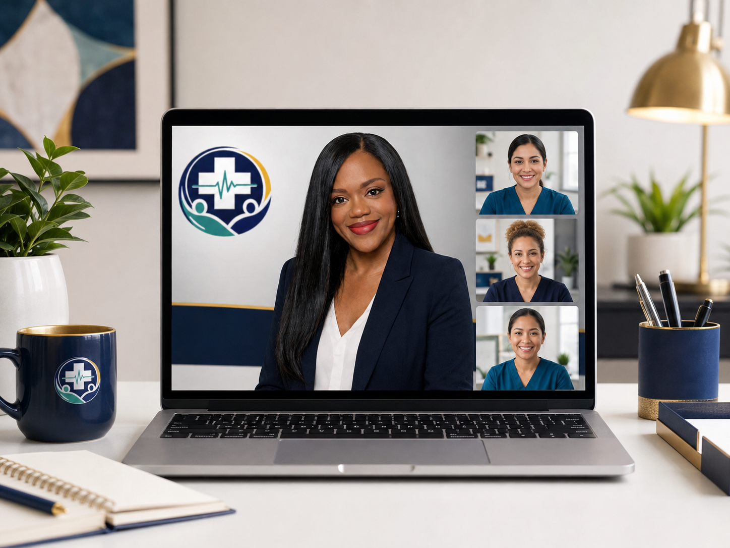 Laptop screen showing a video conference with four healthcare professionals, with a healthcare logo in the background, on a desk with a plant, a mug, a notepad, pens, and a decorative box, in an office setting.