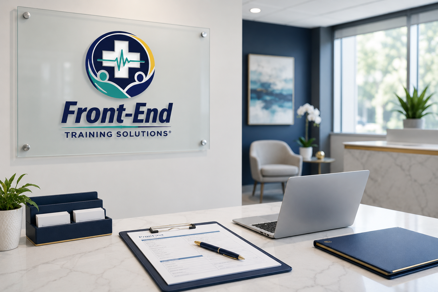 Reception area of Front-End Training Solutions office with a logo on the wall, a laptop, a clipboard with papers and pen, plant decorations, and a seating area with chairs and art on the wall.