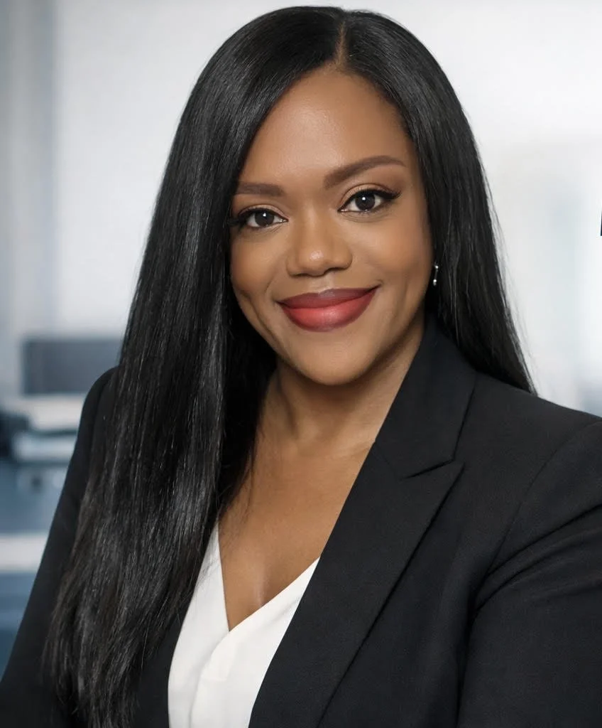 A professional woman with long, straight black hair, wearing a black blazer and white blouse, smiling in an office setting.