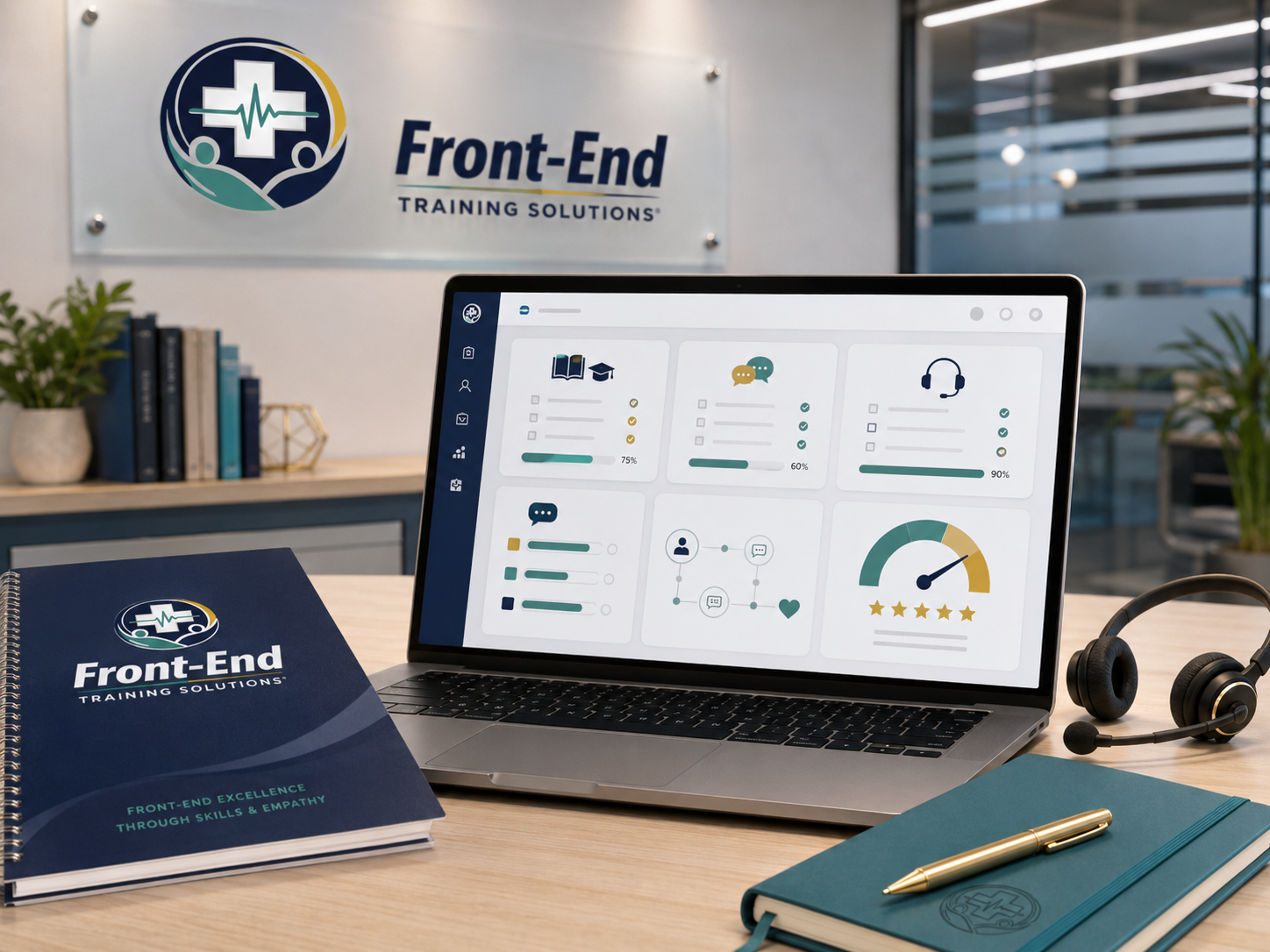 Laptop showing training progress charts, headset, training manual titled 'Front-End Training Solutions', pen, notebook, office desk and office plants in background.