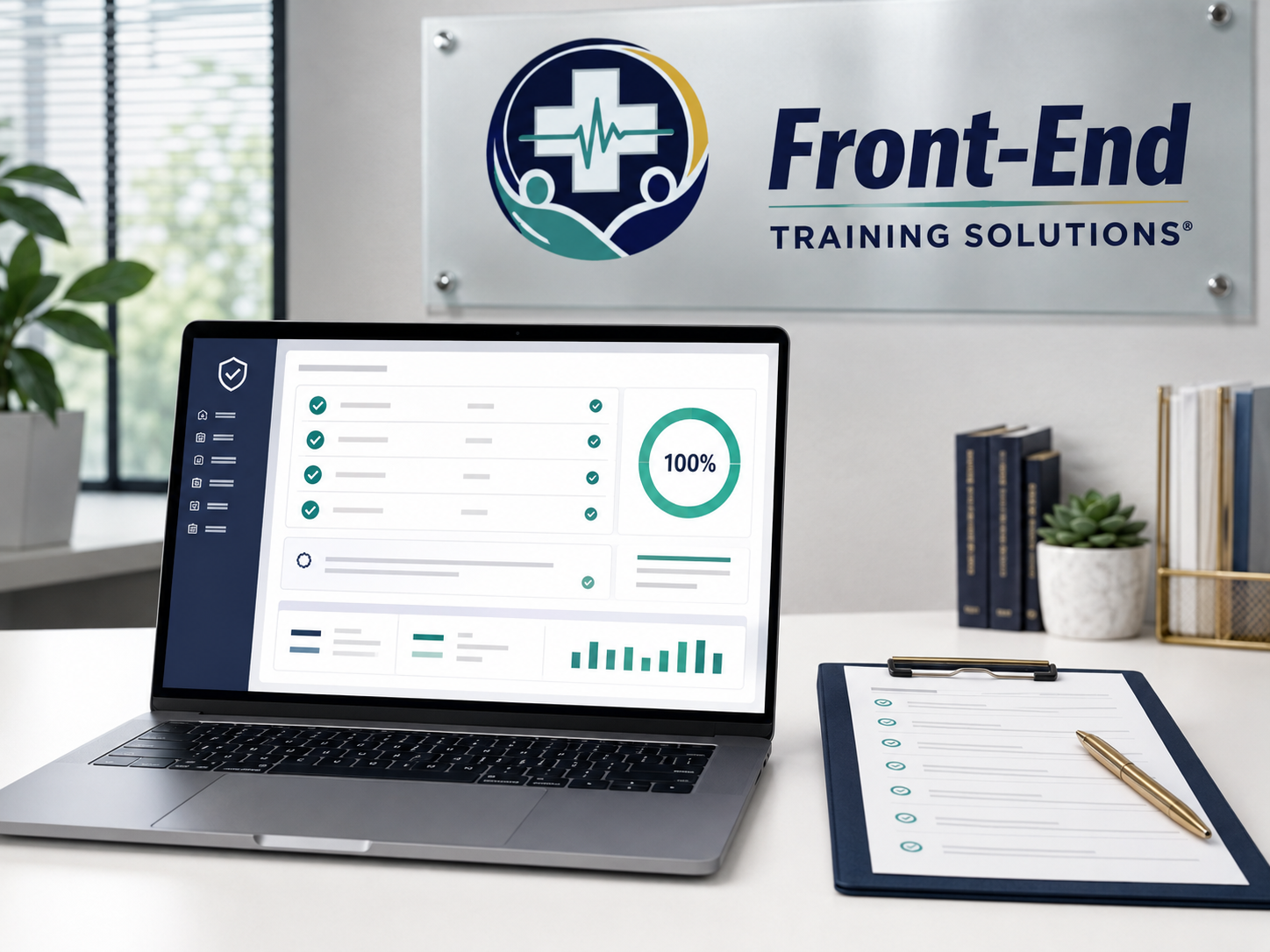 Office desk with a laptop displaying data charts, a clipboard with a pen, potted plants, and a sign that reads 'Front-End Training Solutions' on the wall.