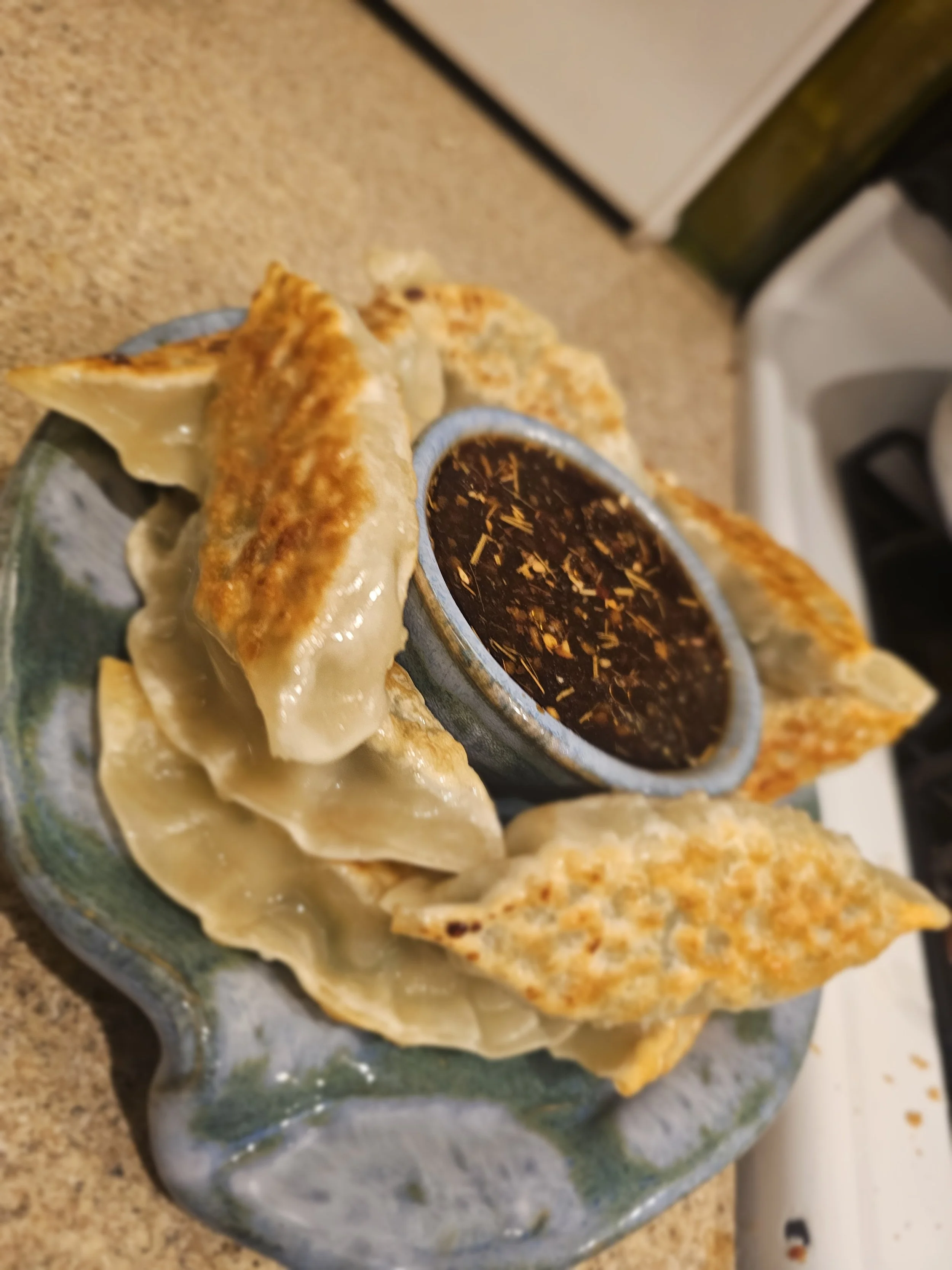 Close-up of Chinese dumplings on a ceramic plate with soy sauce, on a kitchen countertop.