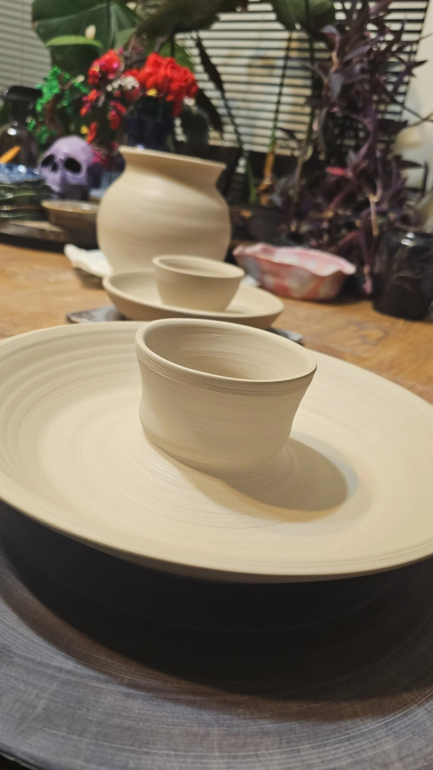Unfinished pottery bowl on a spinning wheel with various plants and decorative objects in the background.