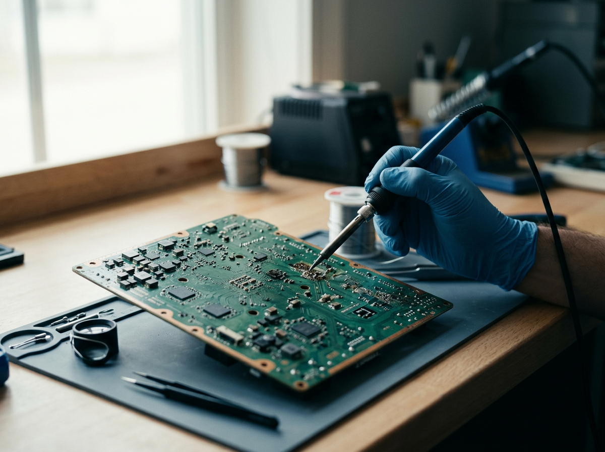 A person wearing blue gloves soldering electronic components onto a green circuit board in a workshop with tools and spools of wire on the table.
