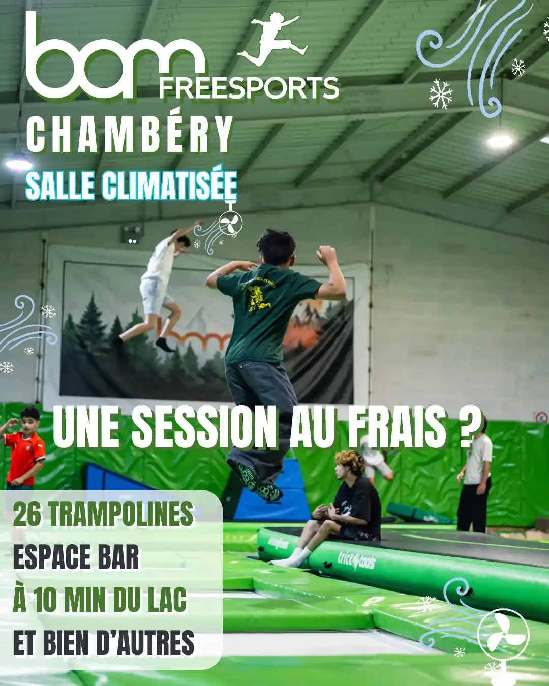 Affiche de BAM FREESPORTS Chambéry, avec des écritures et un garçon qui saute