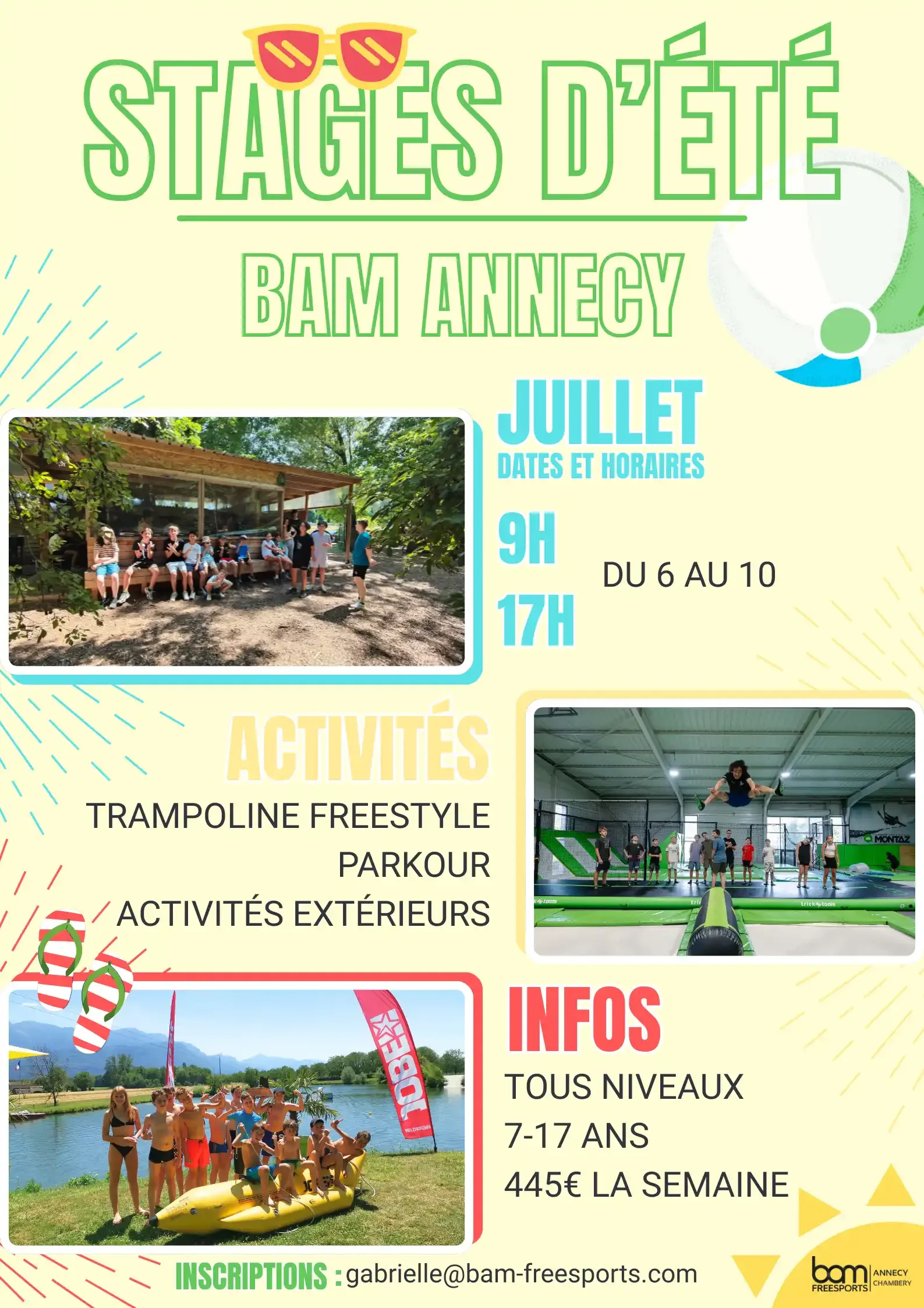Affiche descriptive des stages de BAM FREESPORTS ANNECY pour l'été