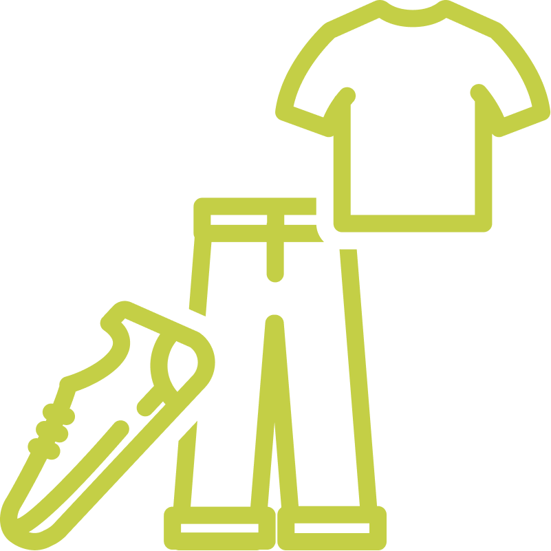 Une illustration minimaliste de vêtements : une paire de baskets, un pantalon, un t-shirt et une chemise.