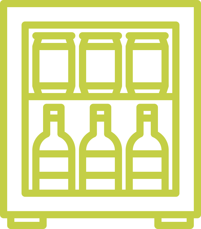 Illustration représentant des boissons dans un frigo pour indiquer les différents services de restauration des salles de trampoline BAM FREESPORTS.