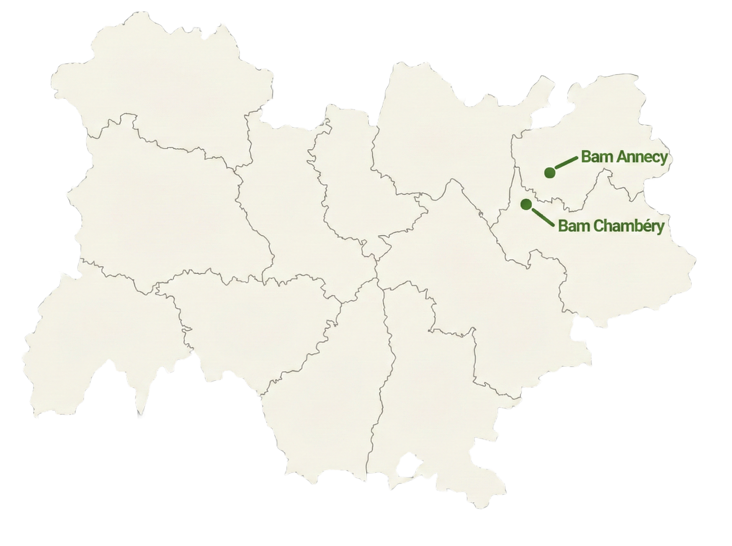 Carte de la région avec deux points indiquant Bam Chambéry et Bam Annecy.