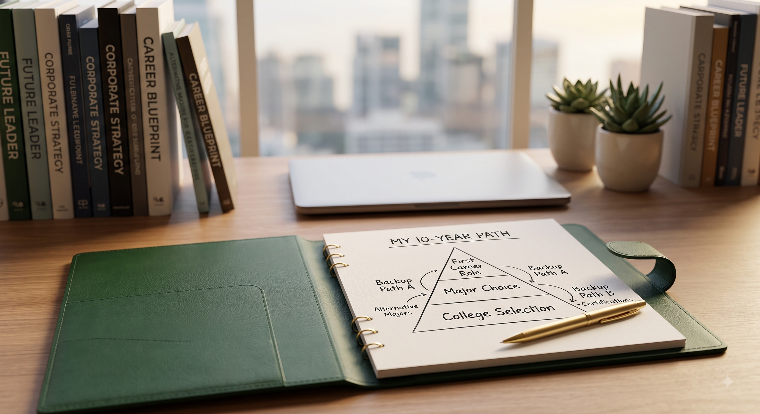 A professional workspace featuring a career planning notebook titled 'My 10-Year Path' and a laptop, representing the concrete launch frameworks used at Arkstone Career Strategy.